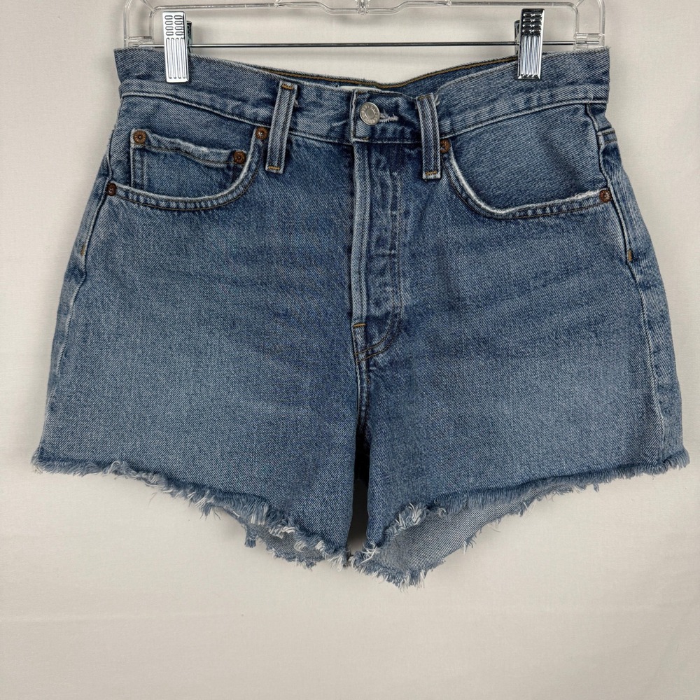 AGOLDE Parker Long High Rise Denim Shorts 26 Blue Frayed Hem